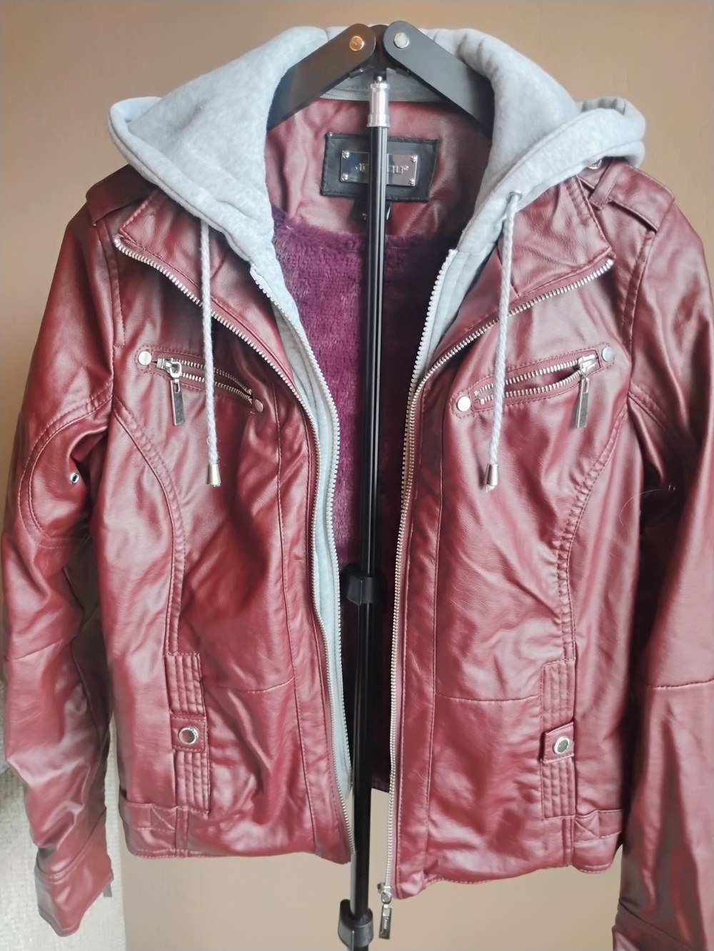 Jou Jou Size S Maroon Leather Moto Jacket with Gray Hoodie